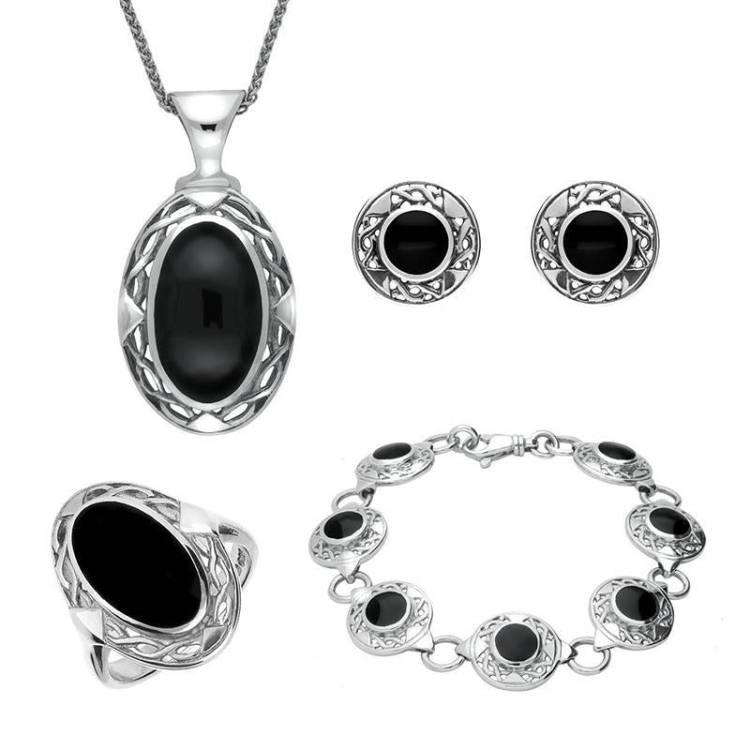 Sterling Silver Whitby Jet Celtic Oval Four Piece Set - Silver