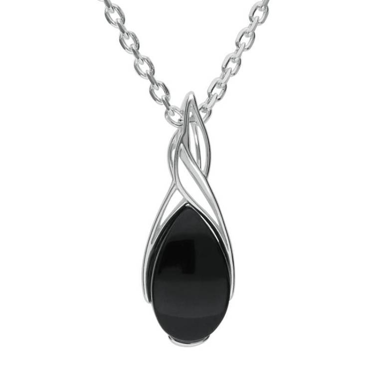 Sterling Silver Whitby Jet Celtic Pear Drop Necklace