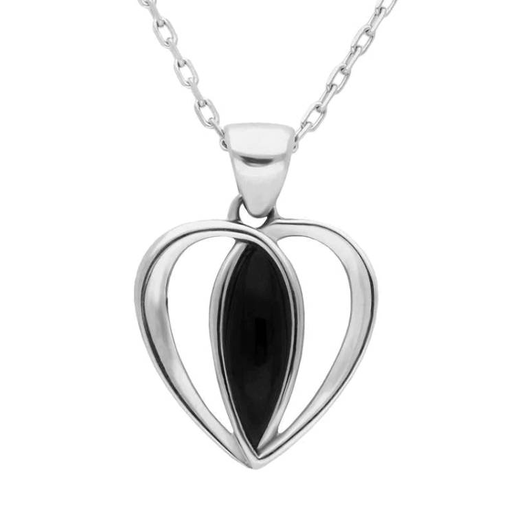 Sterling Silver Whitby Jet Centre Stone Heart Necklace - Silver