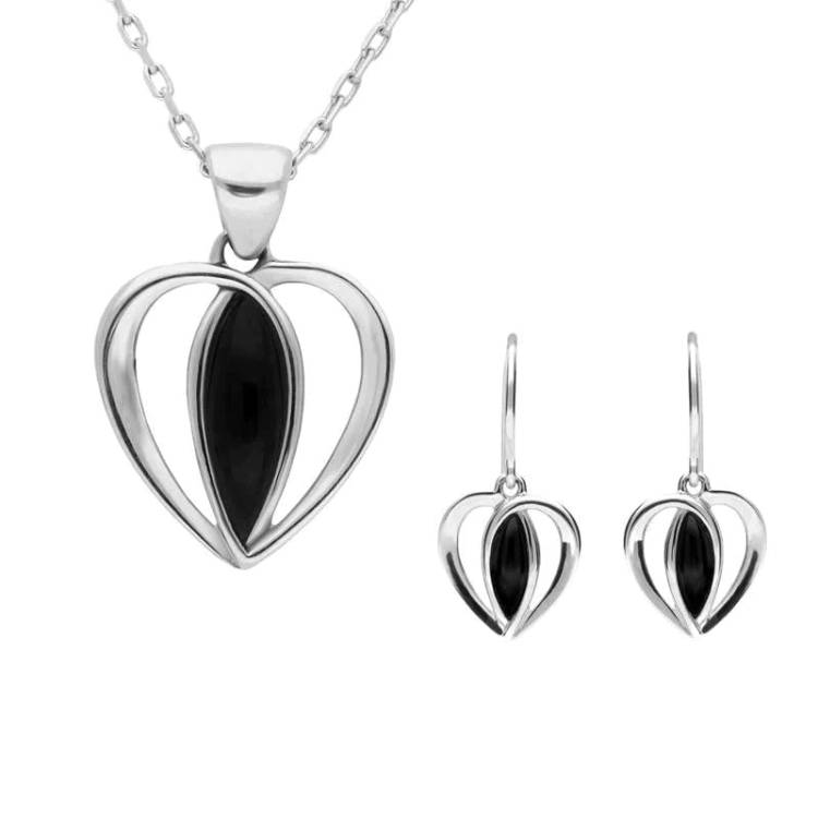 Sterling Silver Whitby Jet Centre Stone Heart Two Piece Set - Silver