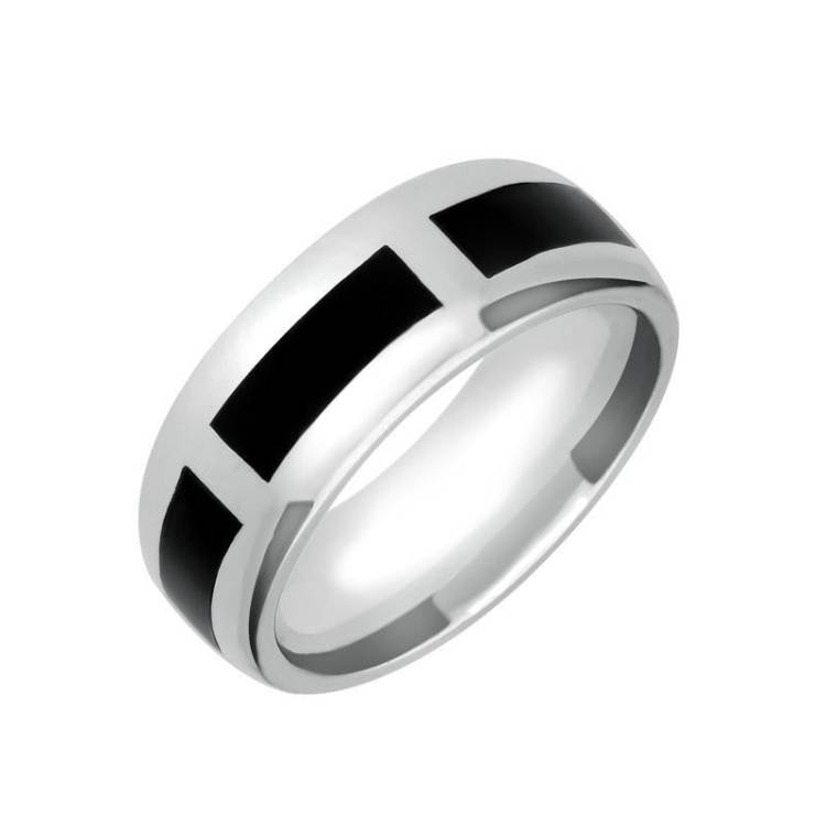 Sterling Silver Whitby Jet Channel 8mm Wedding Band Ring - Option1 Value Silver