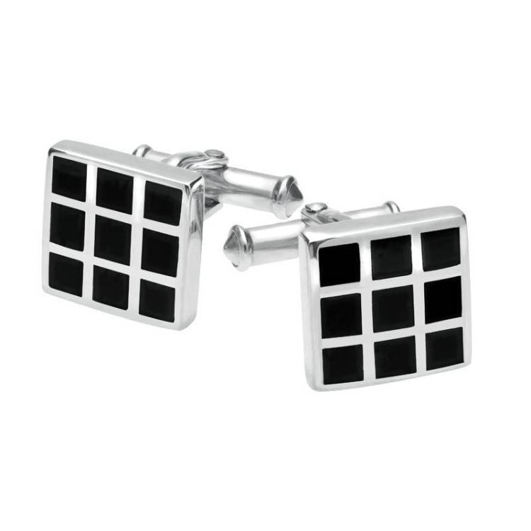 Sterling Silver Whitby Jet Chequered Cufflinks