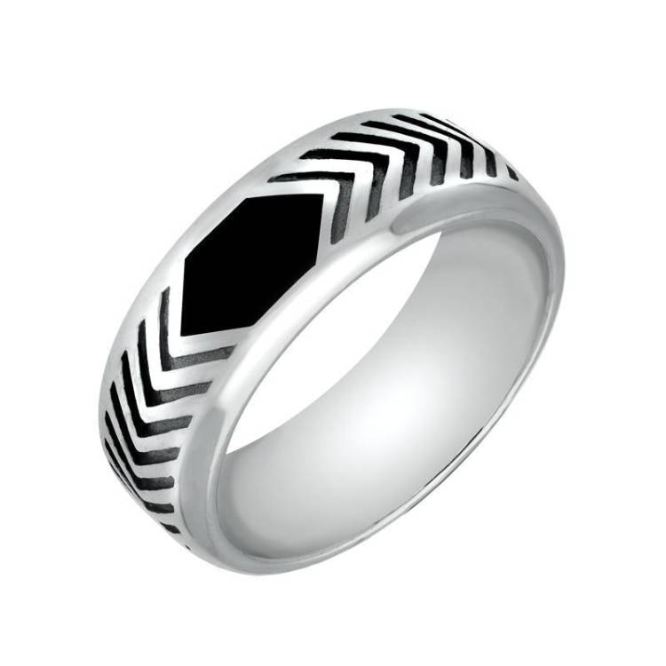 Sterling Silver Whitby Jet Chevron Patterned 8mm Band Ring