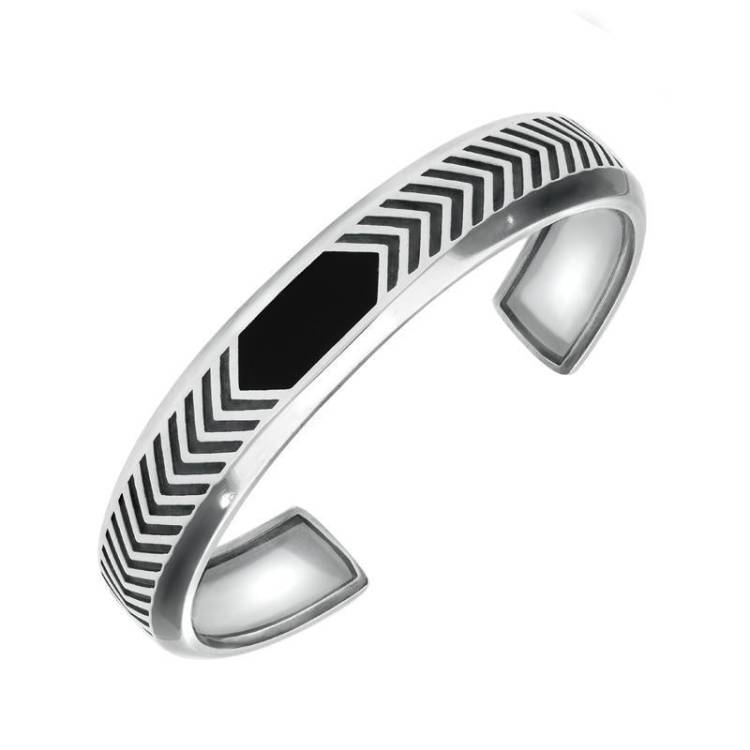 Sterling Silver Whitby Jet Chevron Patterned Stone Set Bangle - Silver