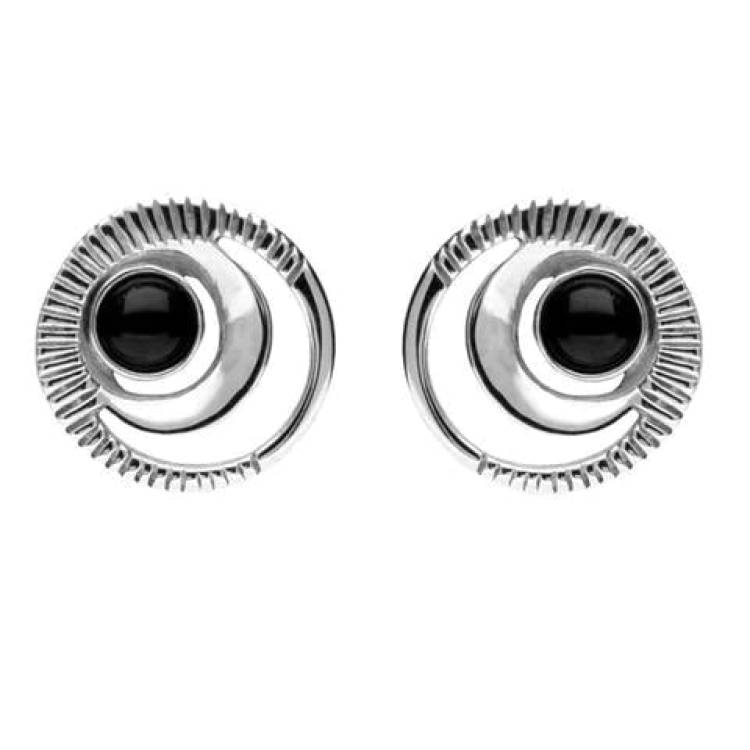 Sterling Silver Whitby Jet Circle Cut Out Stud Earrings - Silver