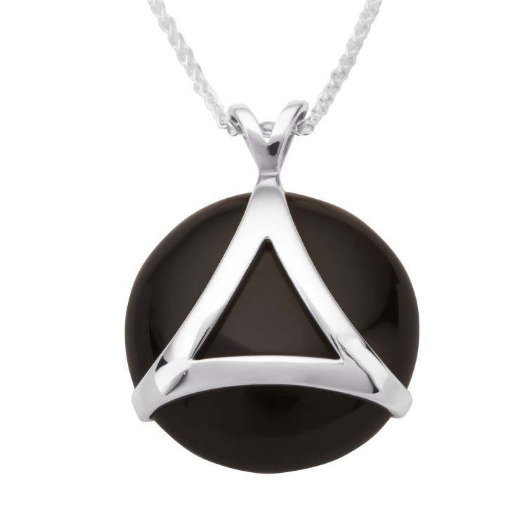 Sterling Silver Whitby Jet Circle Pendant Triangle Setting Necklace D - Silver