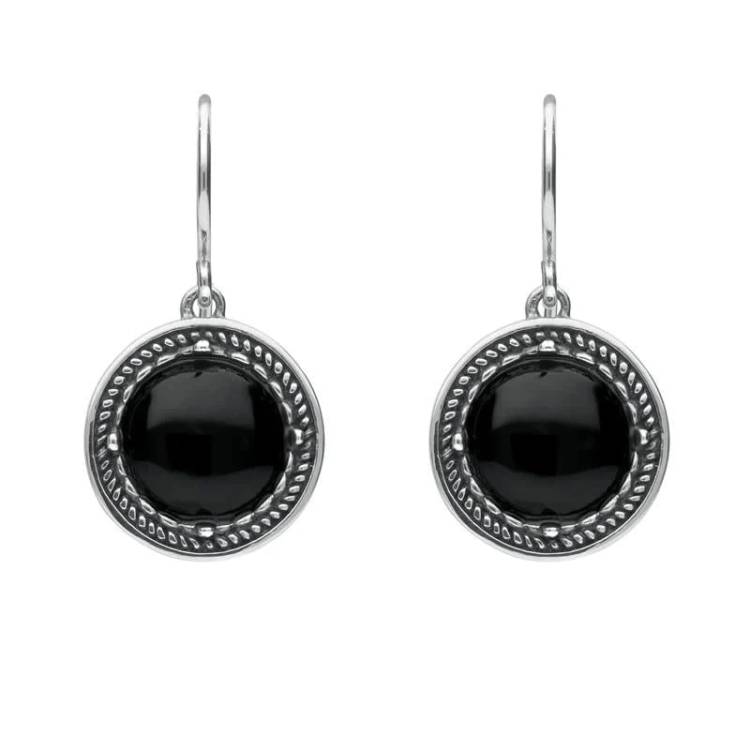 Sterling Silver Whitby Jet Circle Stone Oxidised Drop Earrings - Silver