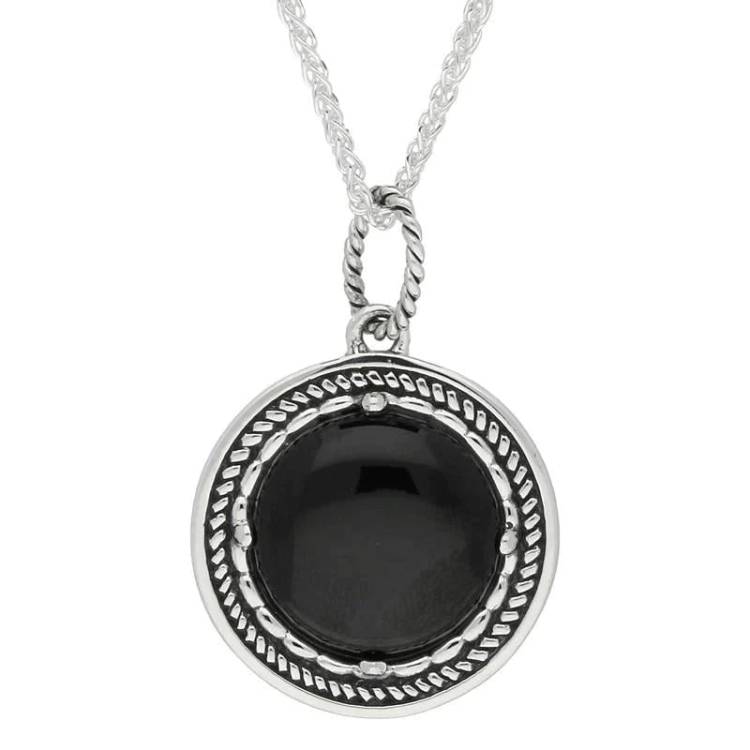 Sterling Silver Whitby Jet Circle Stone Oxidised Large Necklace - Silver