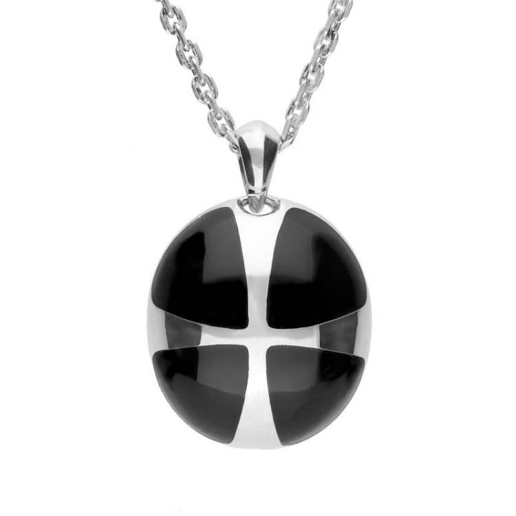 Sterling Silver Whitby Jet Cross Ball Pendant Necklace - Option1 Value Silver