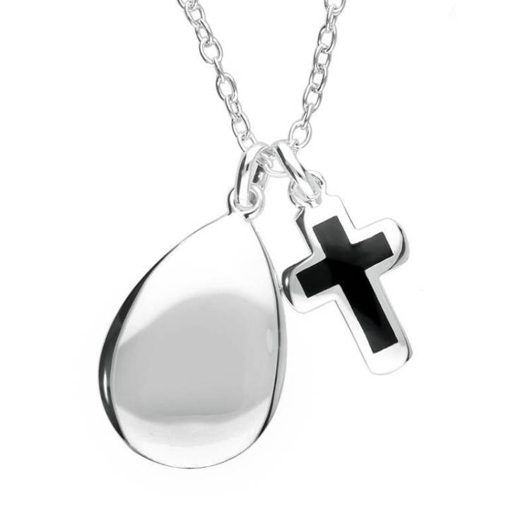 Sterling Silver Whitby Jet Cross and Pear Pendant Necklace - Option1 Value Silver