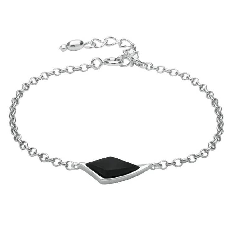 Sterling Silver Whitby Jet Curved Diamond Shaped Bracelet