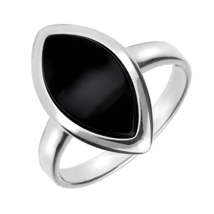 Sterling Silver Whitby Jet Curved Marquise Shaped Ring