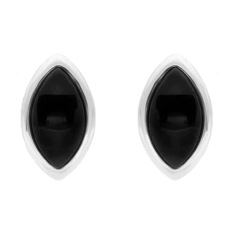 Sterling Silver Whitby Jet Curved Marquise Stud Earrings - Silver