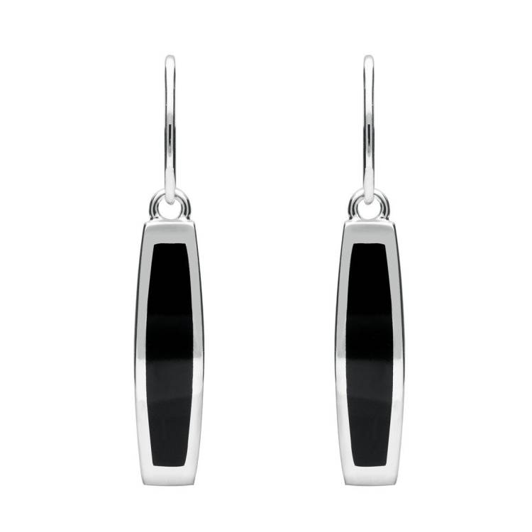 Sterling Silver Whitby Jet Curved Oblong Hook Drop Earrings - Silver