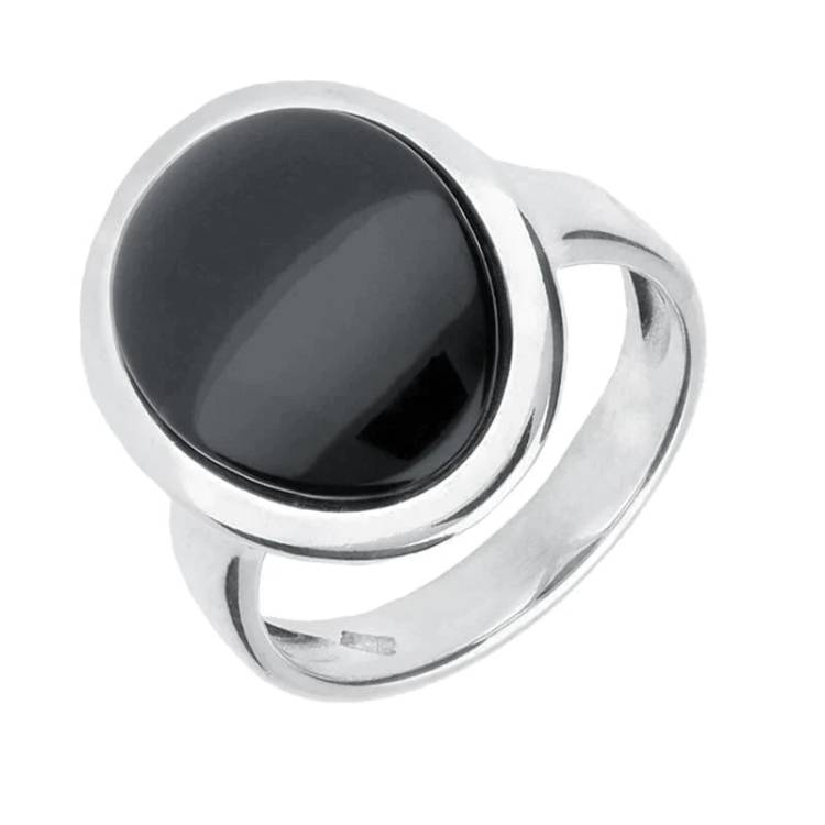 Sterling Silver Whitby Jet Curved Oval Ring - Silver