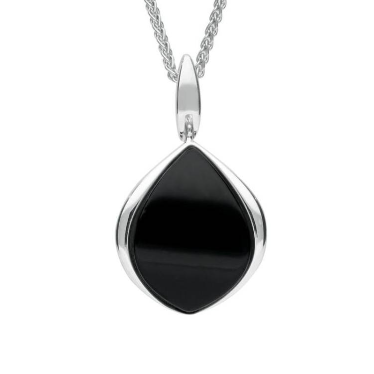 Sterling Silver Whitby Jet Curved Pear Drop Necklace - Silver