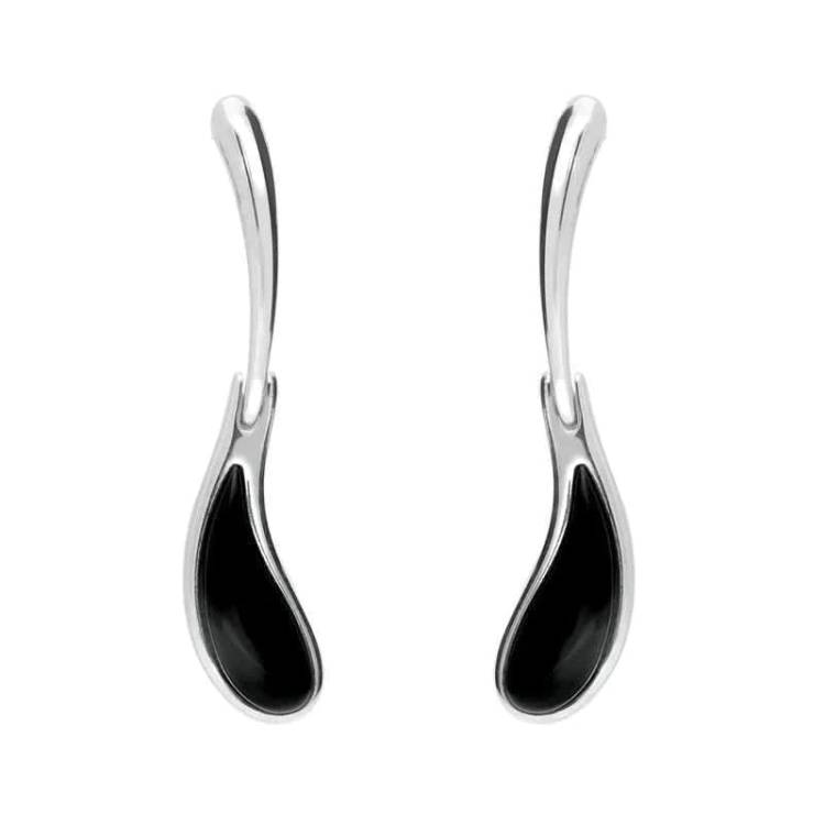 Sterling Silver Whitby Jet Curved Tear Drop Earrings - Silver