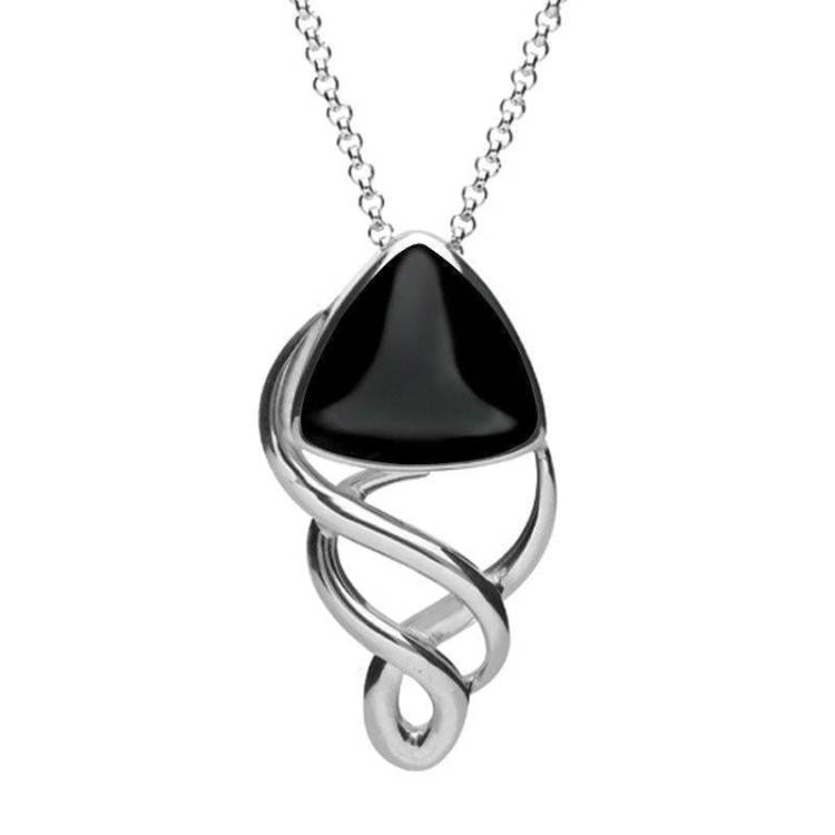 Sterling Silver Whitby Jet Curved Triangle Celtic Necklace - Option1 Value Silver