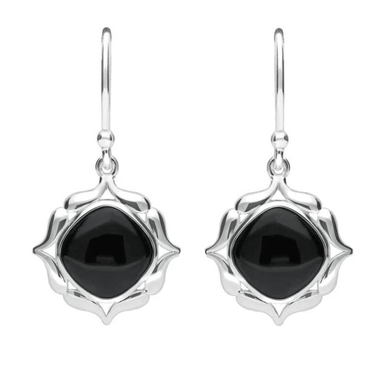 Sterling Silver Whitby Jet Cushion Fancy Edged Drop Earrings - Silver