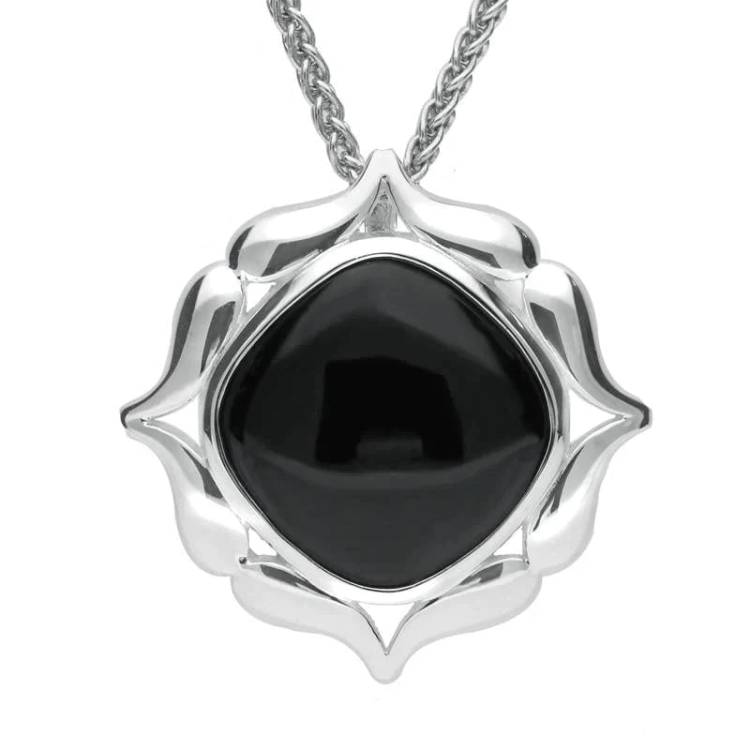 Sterling Silver Whitby Jet Cushion Fancy Edge Necklace - Silver