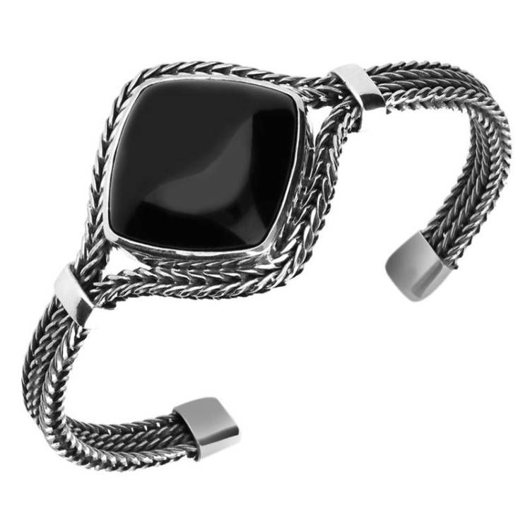 Sterling Silver Whitby Jet Cushion Foxtail Bangle Bracelet - Option1 Value Silver