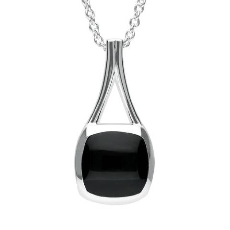 Sterling Silver Whitby Jet Cushion Pendant Necklace - Option1 Value Silver