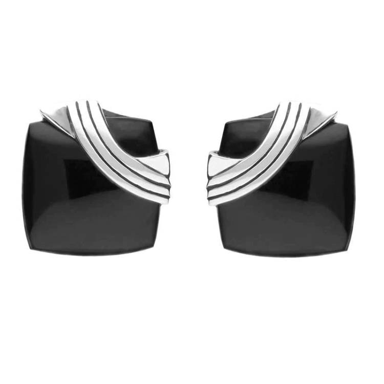 Sterling Silver Whitby Jet Cushion Ridge Stud Earrings - Option1 Value Silver