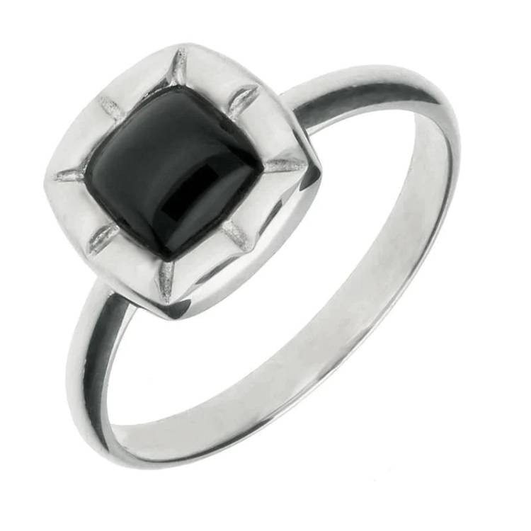 Sterling Silver Whitby Jet Cushion Ridged Edge Ring - Option1 Value Silver