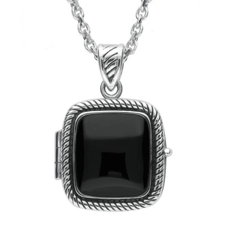 Sterling Silver Whitby Jet Cushion Rope Edge Locket - Silver