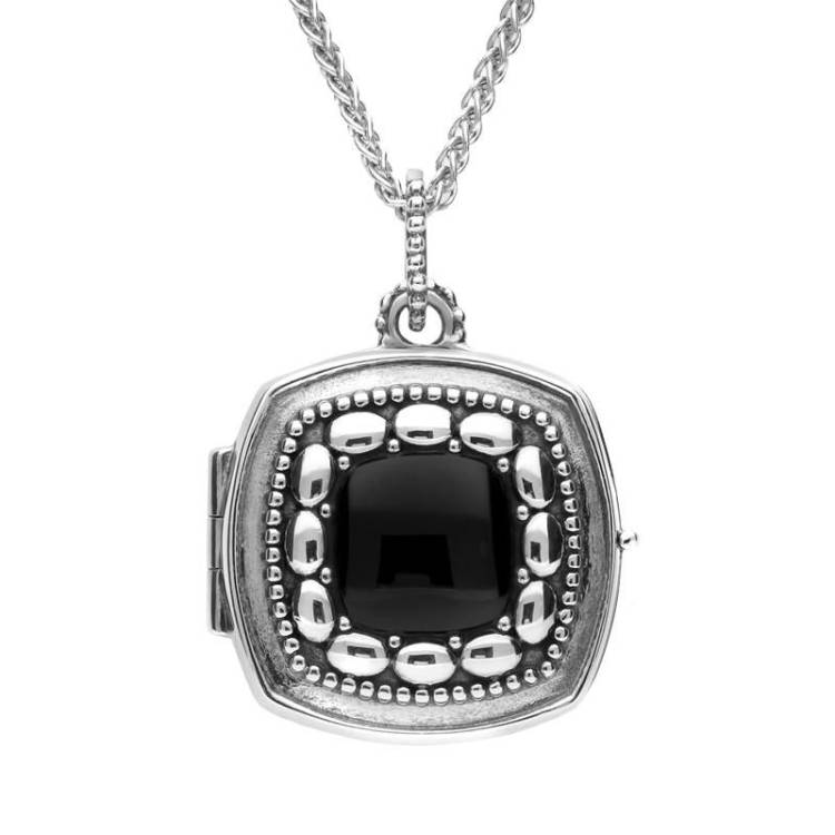 Sterling Silver Whitby Jet Cushion Shaped Locket - Silver