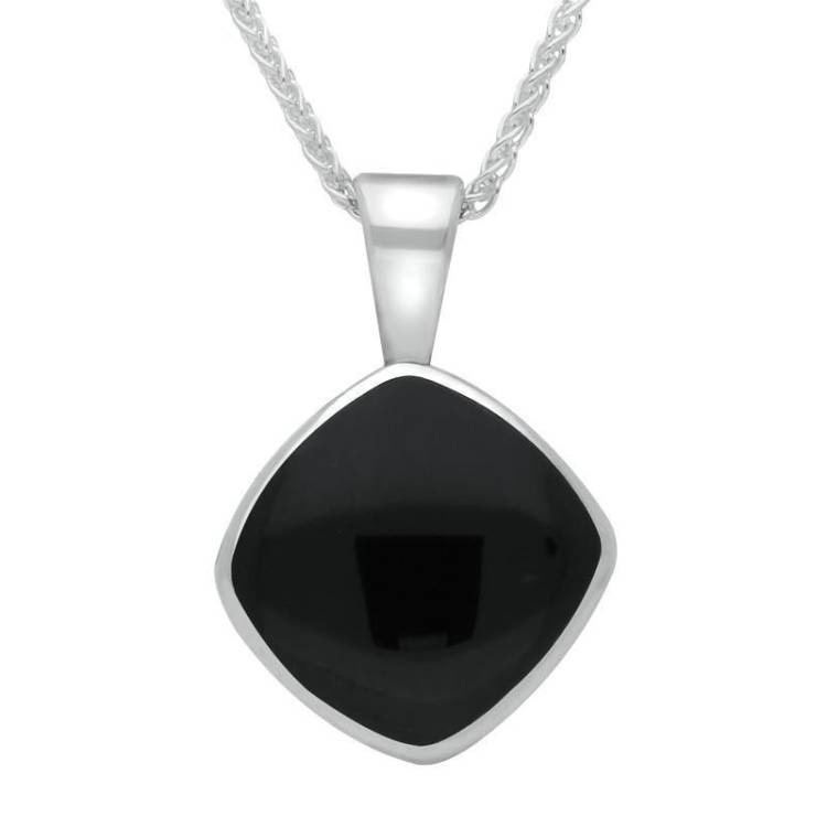 Sterling Silver Whitby Jet Cushion Shaped Necklace - Silver