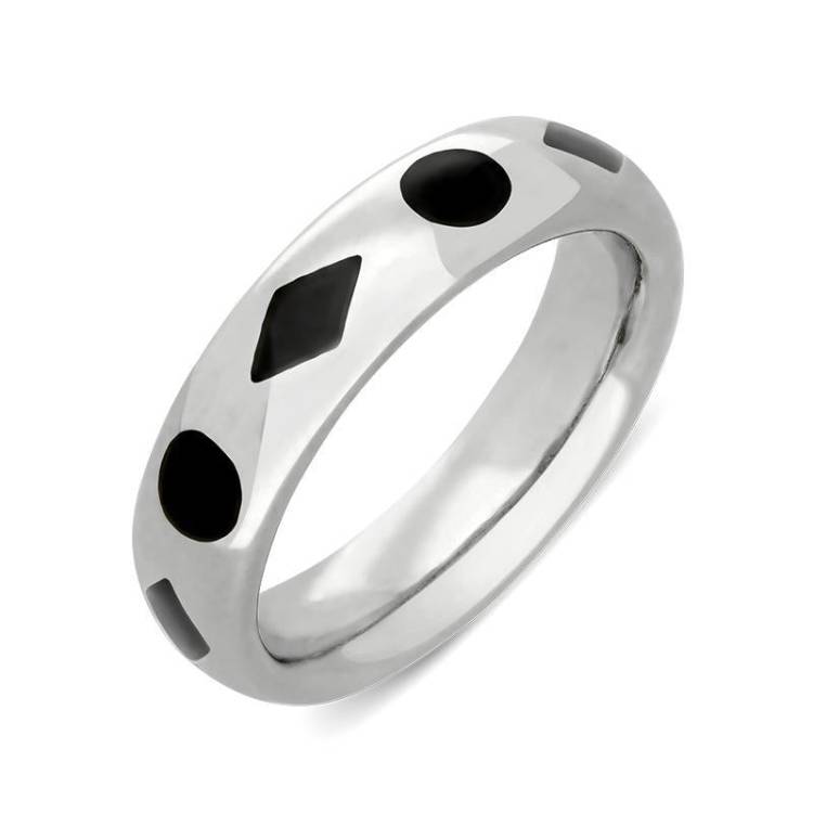 Sterling Silver Whitby Jet Diamond Dot Pattern 6mm Wedding Band - Silver