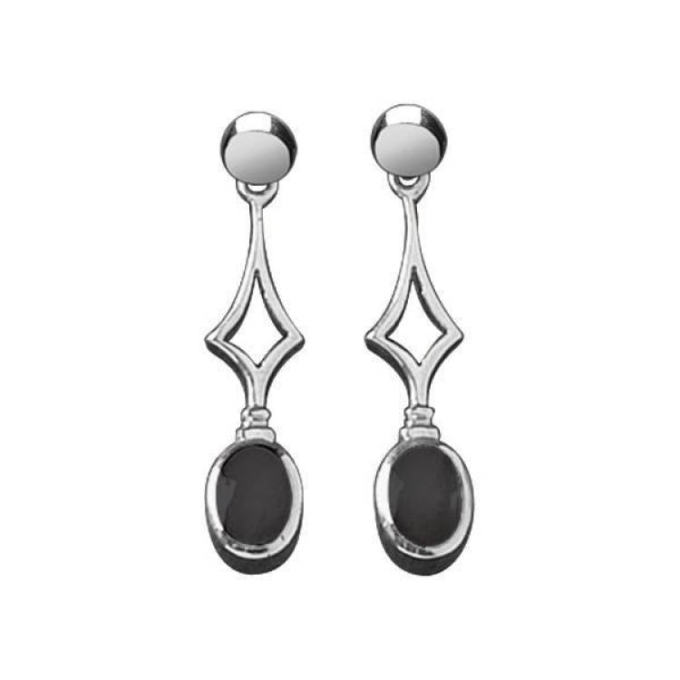 Sterling Silver Whitby Jet Diamond Shape Oval Drop Earrings - Silver