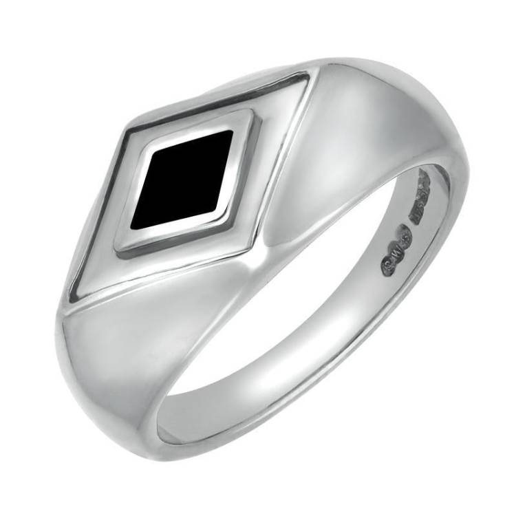 Sterling Silver Whitby Jet Diamond Shape Signet Ring - Silver