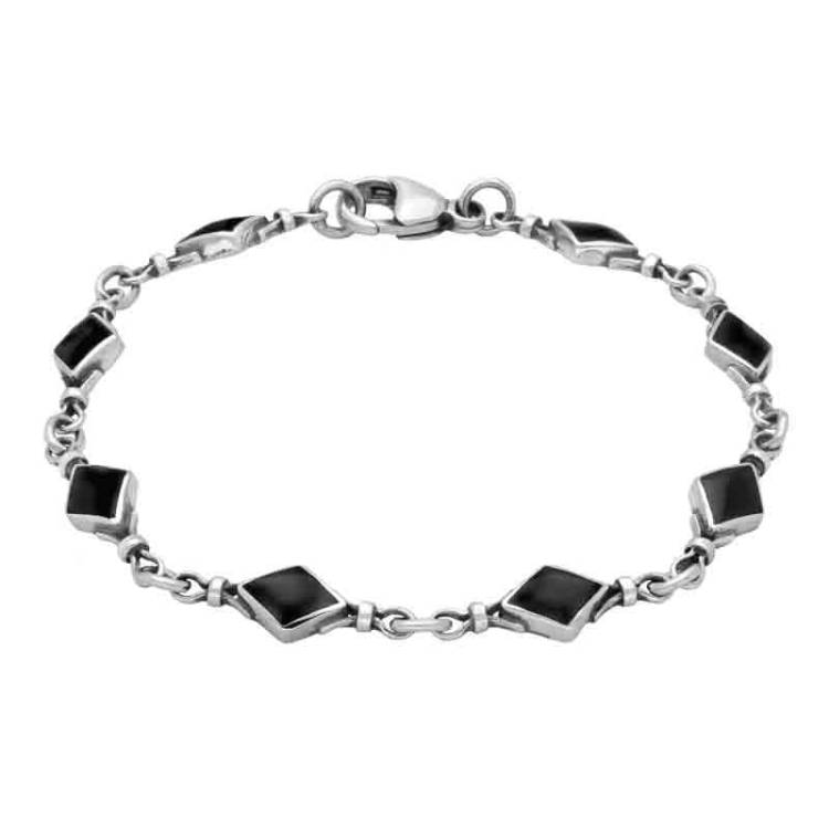 Sterling Silver Whitby Jet Diamond Shaped Bracelet - Silver