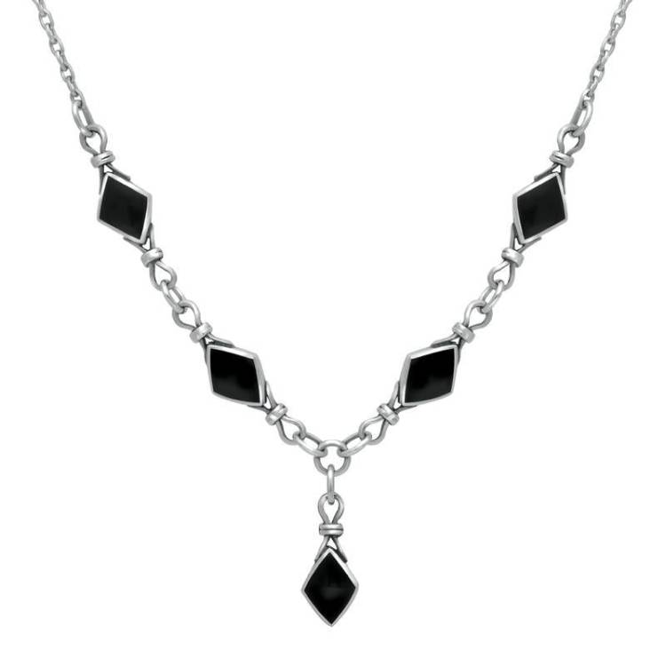 Sterling Silver Whitby Jet Diamond Shaped Necklace - Silver