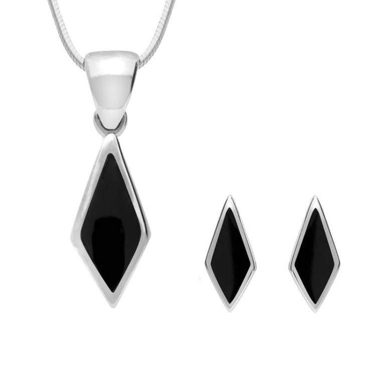 Sterling Silver Whitby Jet Dinky Diamond Two Piece Set - Silver