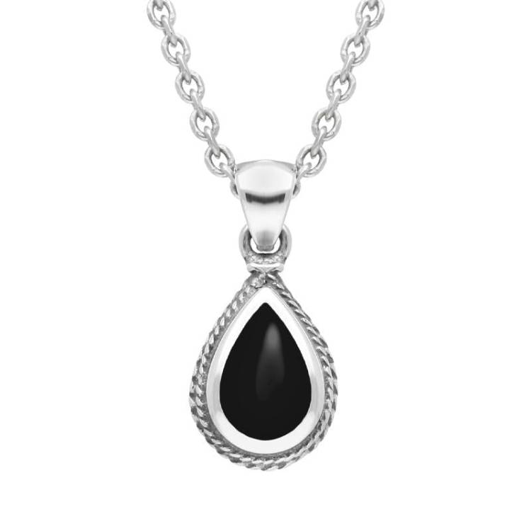 Sterling Silver Whitby Jet Dinky Pear Drop Necklace - Silver