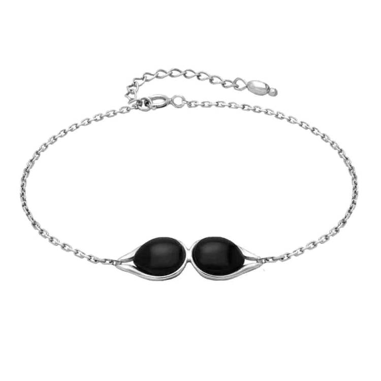 Sterling Silver Whitby Jet Double Pear Bracelet - Silver
