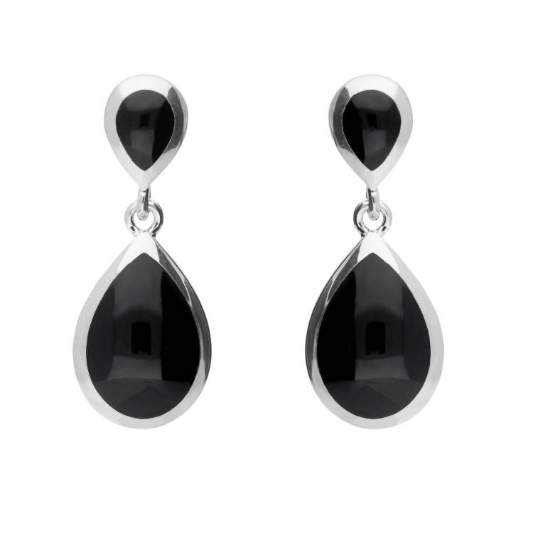 Sterling Silver Whitby Jet Double Pear Drop Earrings - Option1 Value Silver
