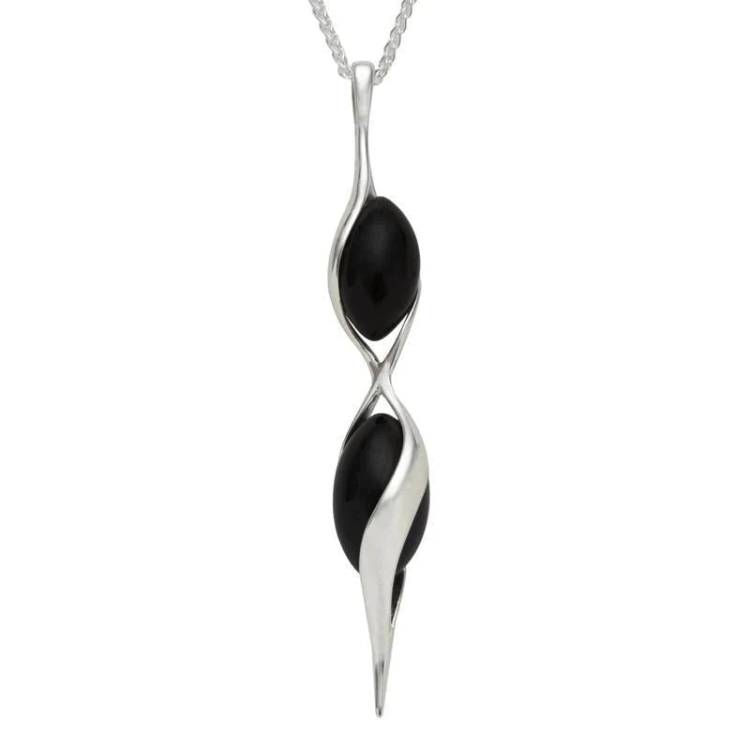 Sterling Silver Whitby Jet Double Twist Bead Necklace - Silver