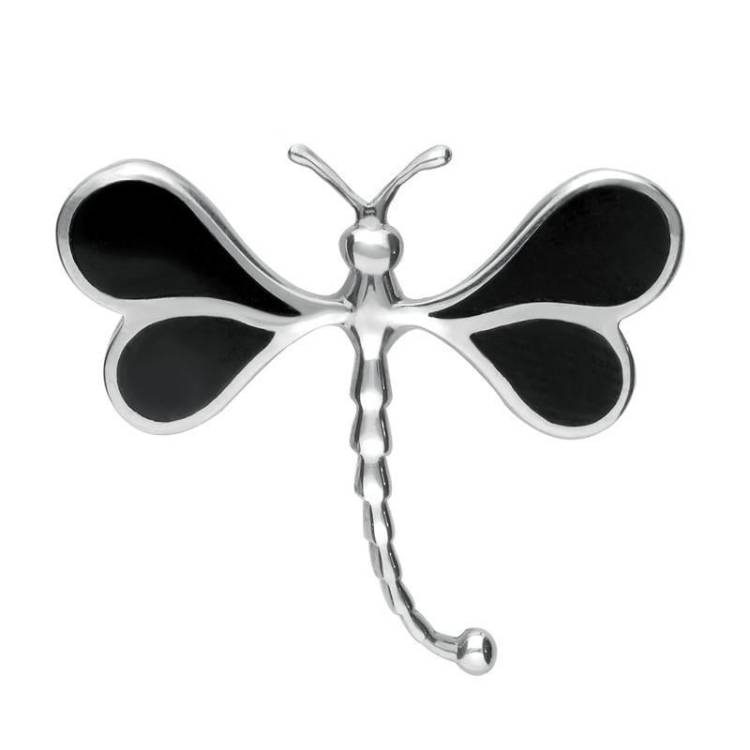 Sterling Silver Whitby Jet Dragonfly Brooch - Silver