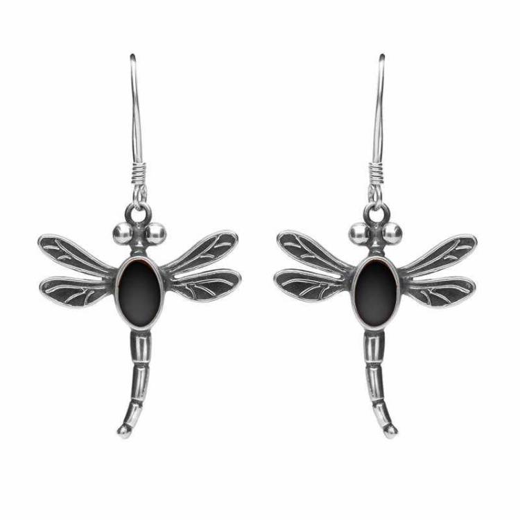 Sterling Silver Whitby Jet Dragonfly Hook Earrings - Silver