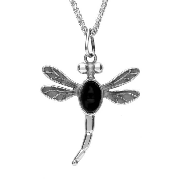 Sterling Silver Whitby Jet Dragonfly Necklace - Silver
