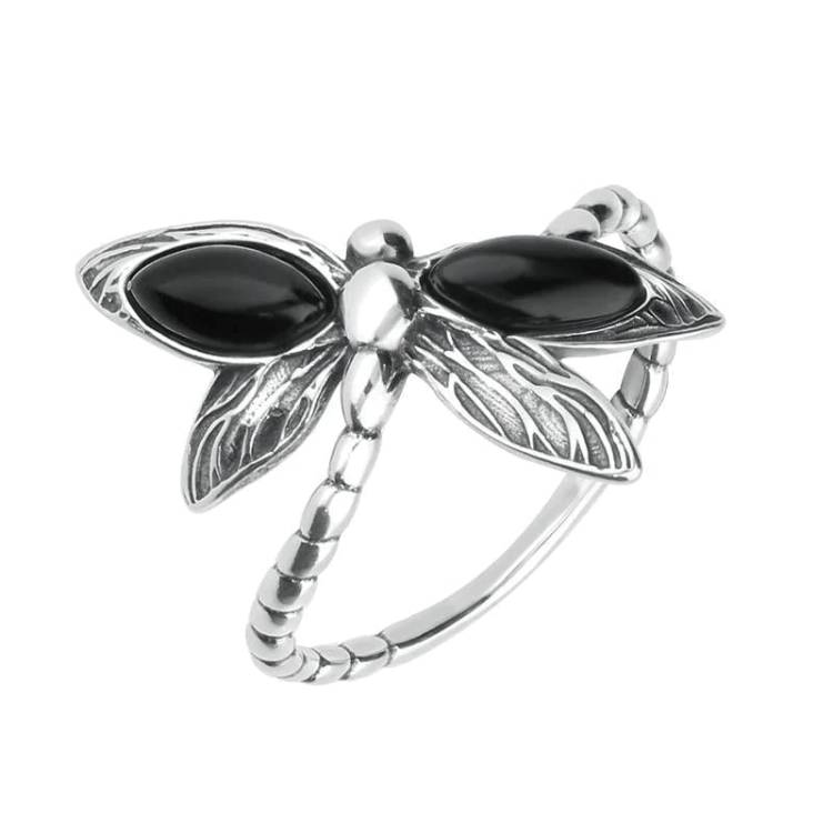 Sterling Silver Whitby Jet Dragonfly Ring - Silver
