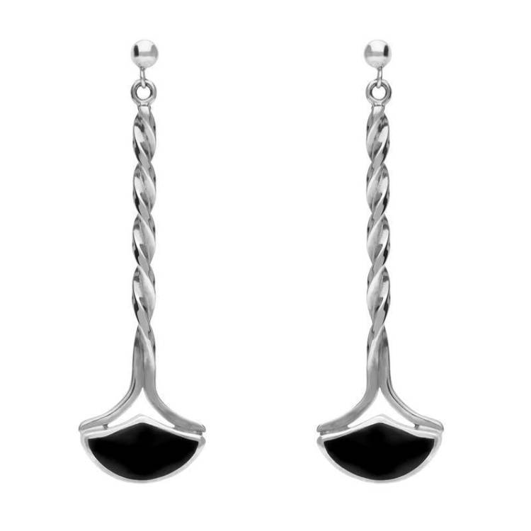 Sterling Silver Whitby Jet Long Twisted Fan Drop Earrings - Silver