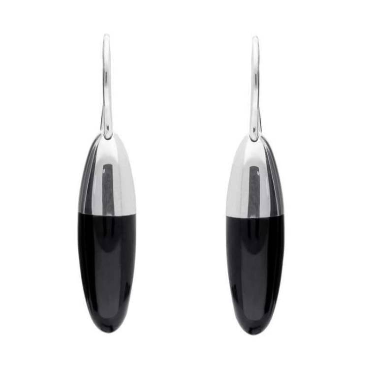 Sterling Silver Whitby Jet Dropper Hook Earrings - Silver