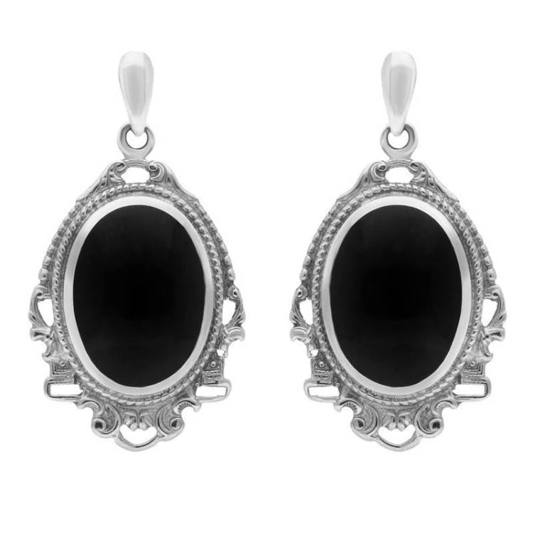 Sterling Silver Whitby Jet Edwardian Style Oval Drop Earrings - Silver