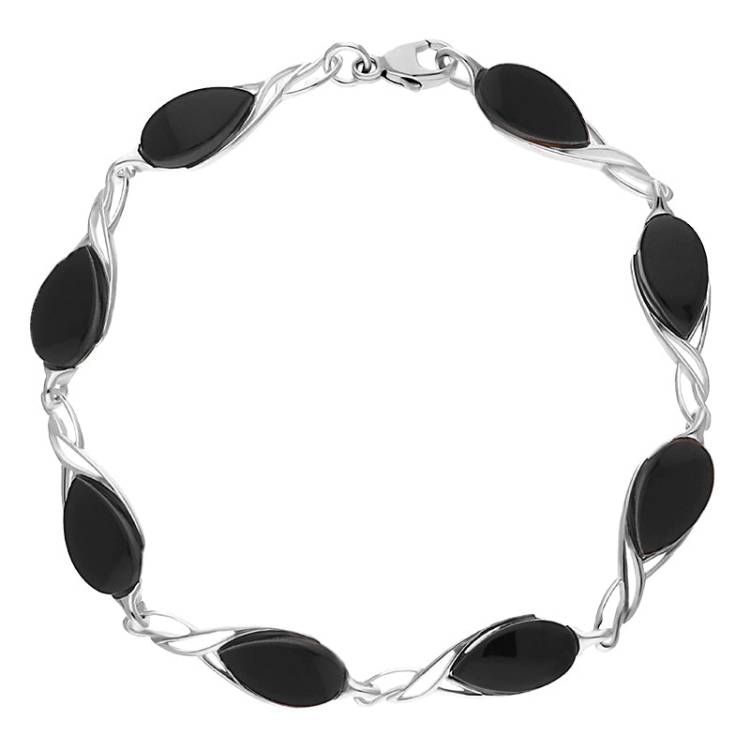 Sterling Silver Whitby Jet Celtic Eight Stone Pear Celtic Bracelet - Silver