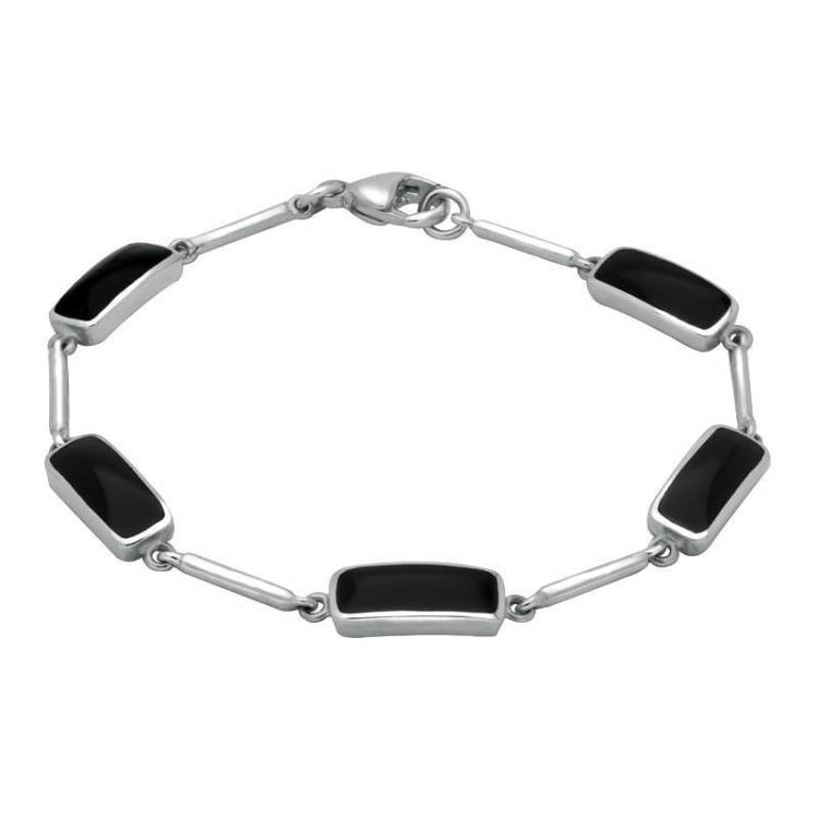 Sterling Silver Whitby Jet Five Stone Oblong Bar Bracelet - Option1 Value Silver